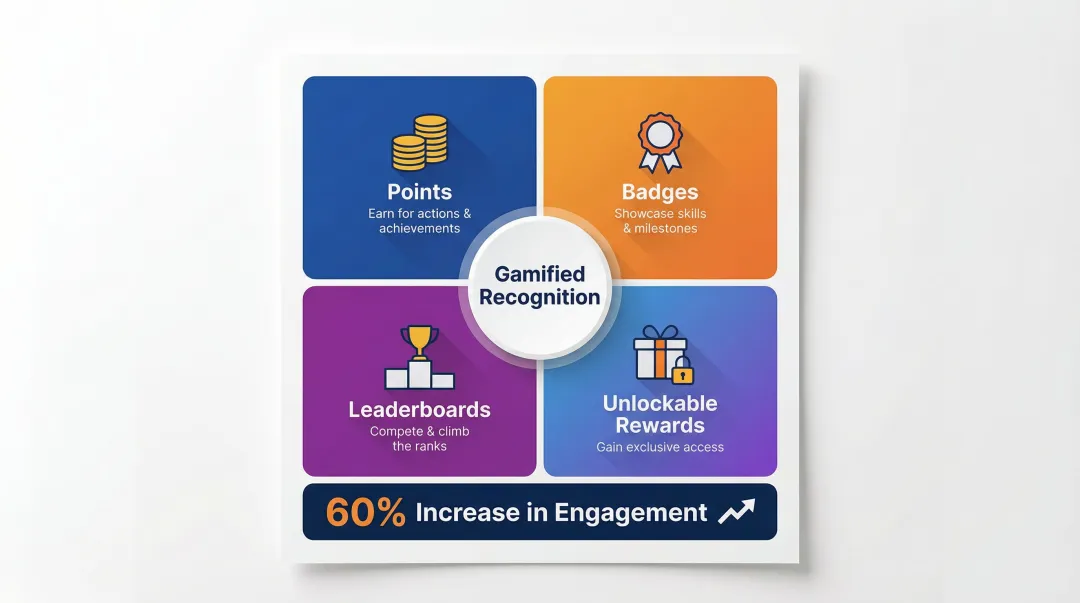 Gamified employee recognition program elements points badges leaderboards and rewards overview