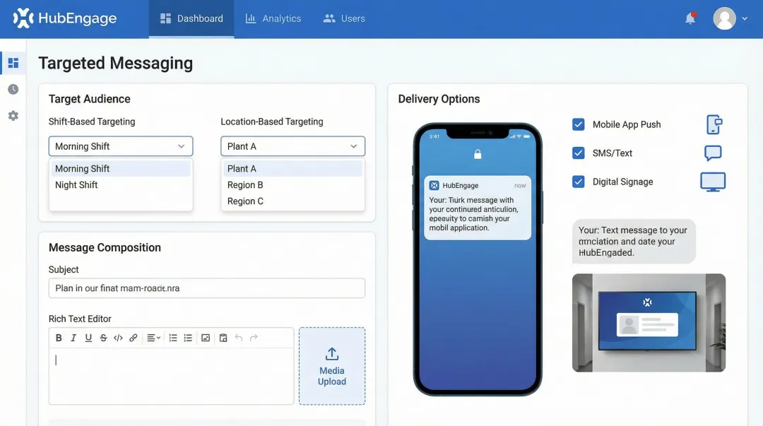 HubEngage mobile platform dashboard showing targeted shift and location messaging