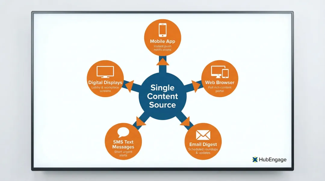 Multi-channel intranet delivery across mobile web email SMS and digital displays
