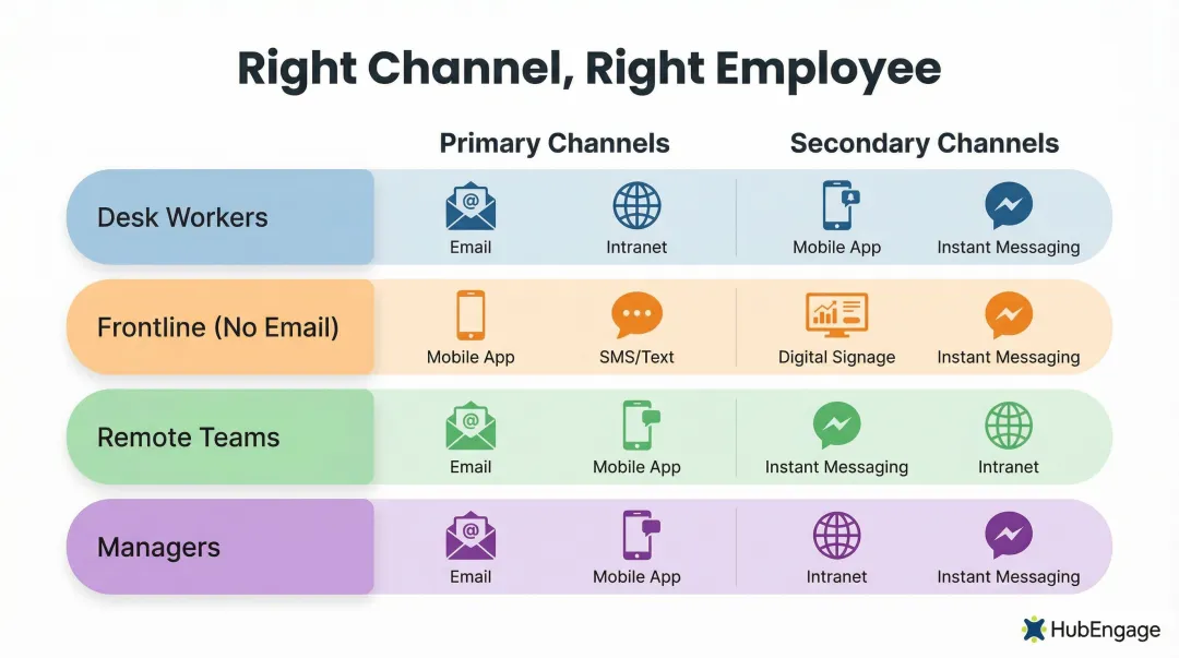 employee communication channel mapping by workforce segment desk frontline remote managers