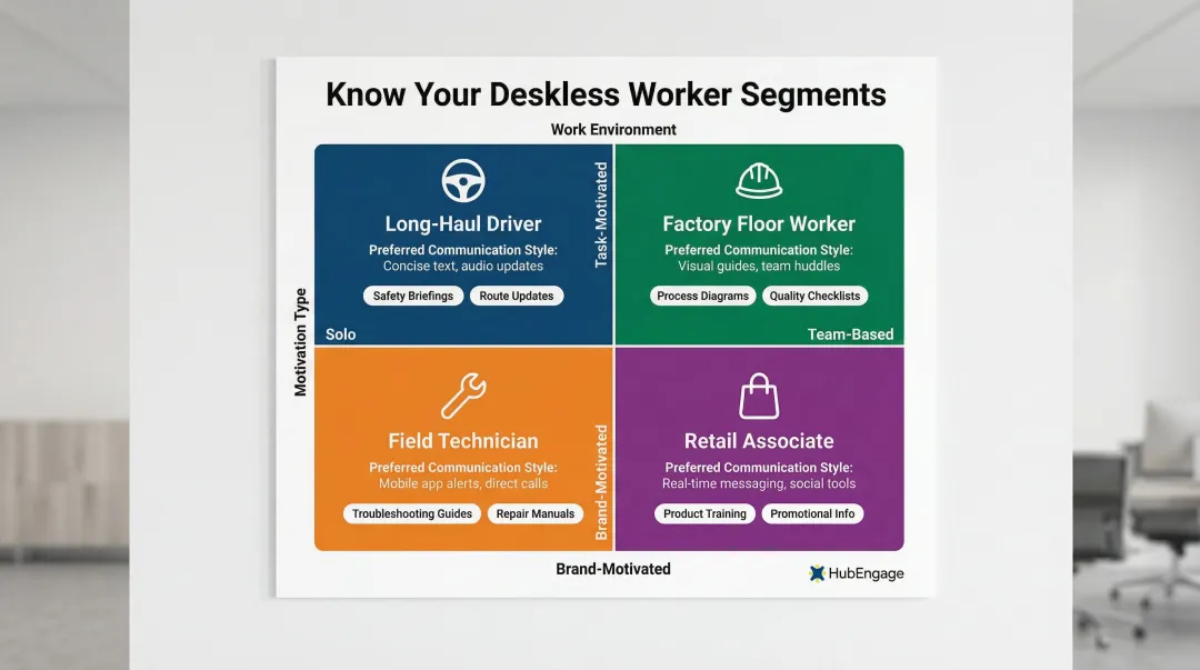 Deskless workforce segmentation framework showing four worker types and communication approaches