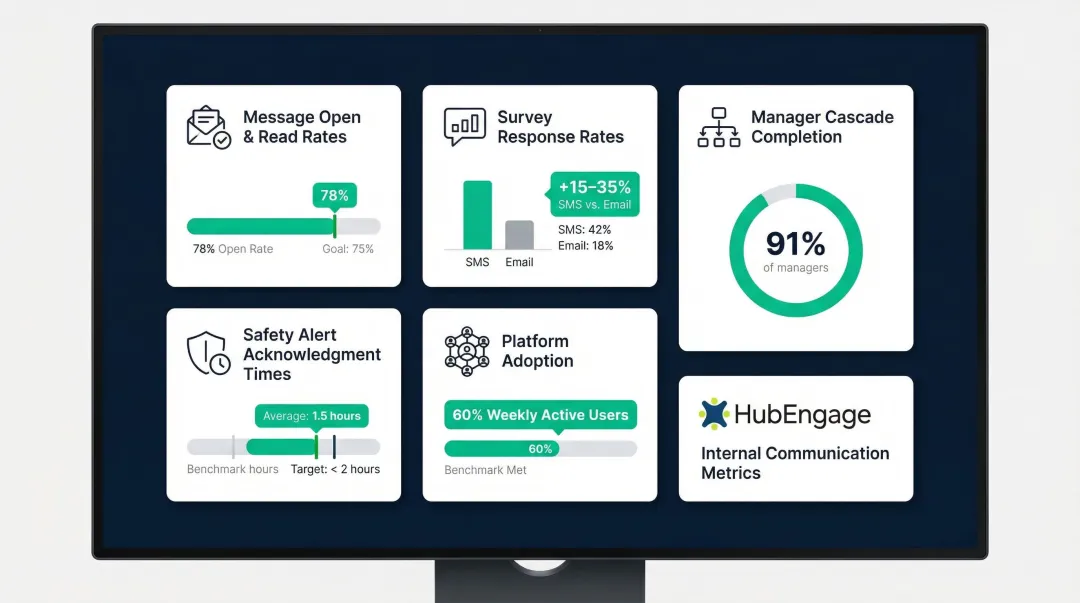 Five key deskless communication metrics dashboard with benchmarks and measurement frequency guide