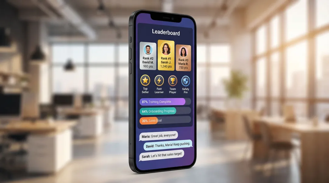 Gamified employee training platform interface showing leaderboard points badges and participation metrics