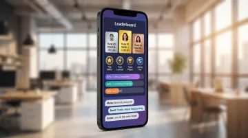 Gamified employee training platform interface showing leaderboard points badges and participation metrics