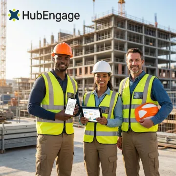 Construction team using internal communications software on a job site