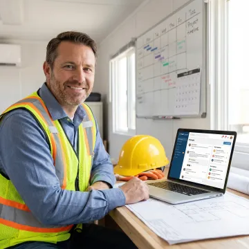 Construction site manager reviewing internal communications dashboard on a laptop