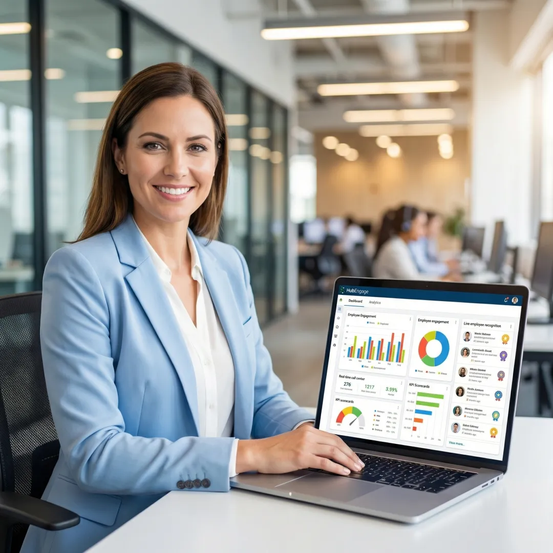 HR leader reviewing call center employee engagement metrics on HubEngage platform dashboard