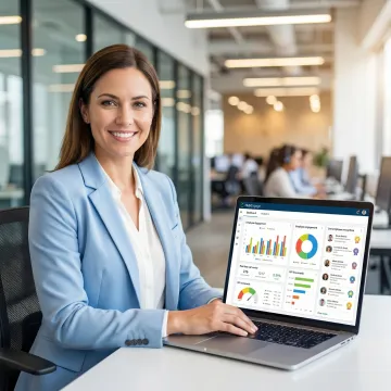 HR leader reviewing call center employee engagement metrics on HubEngage platform dashboard