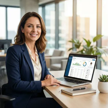 Small business owner reviewing organized employee records on a laptop using HR management software