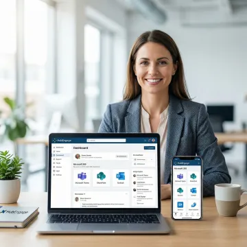 Employee using HubEngage intranet integrated with Microsoft 365 on laptop and mobile