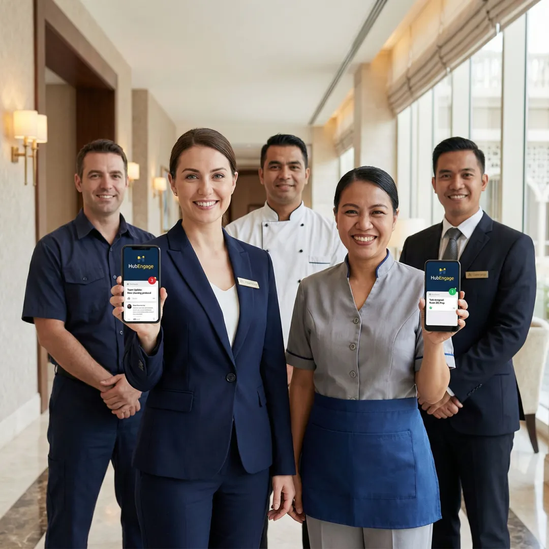 Hotel and hospitality staff engaging with an internal communications platform on mobile devices.