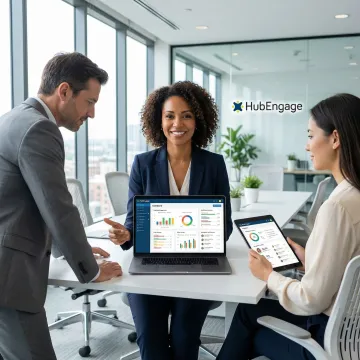 HR team reviewing employee engagement analytics and recognition data on HubEngage platform