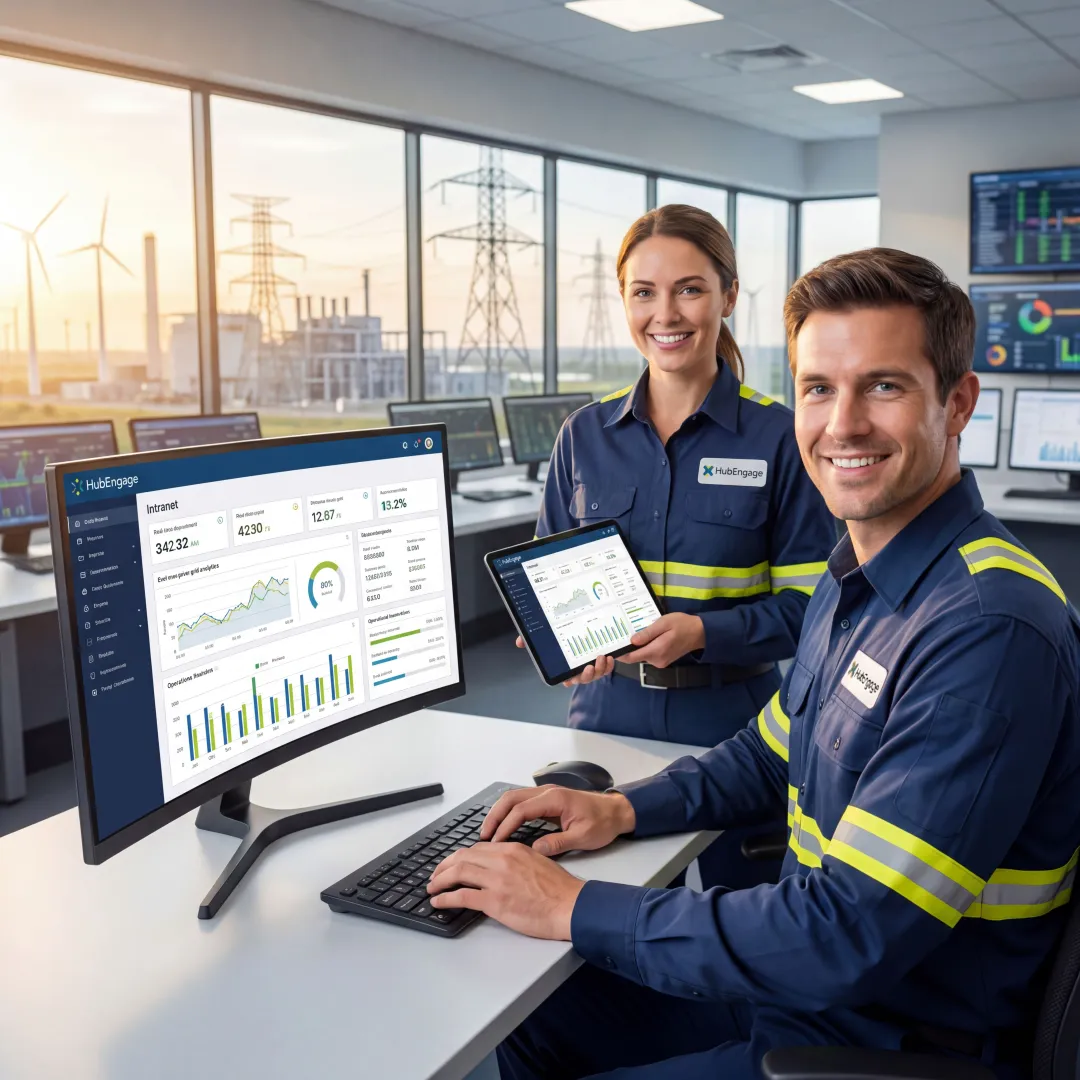Energy company employees using an intranet platform on desktop and mobile devices at a utility facility