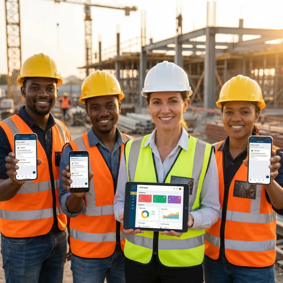 Construction company team members using an intranet platform on mobile devices at a job site