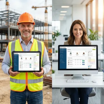 Construction site workers and office staff connected through a unified intranet platform