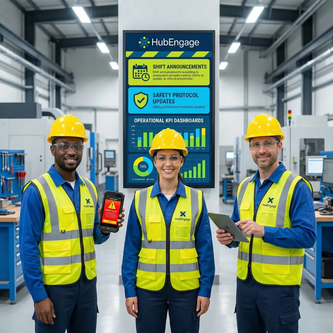 Plant floor workers using industrial messaging software on mobile devices and digital displays in a manufacturing facility