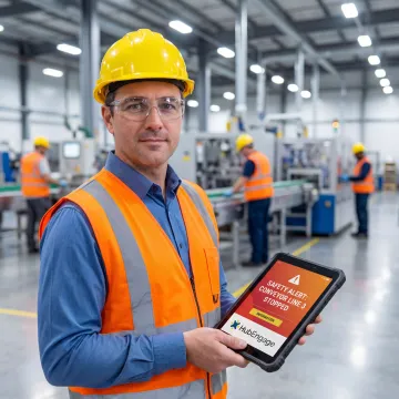 Plant floor supervisor sending a real-time message to manufacturing workers through an industrial communication platform on a tablet