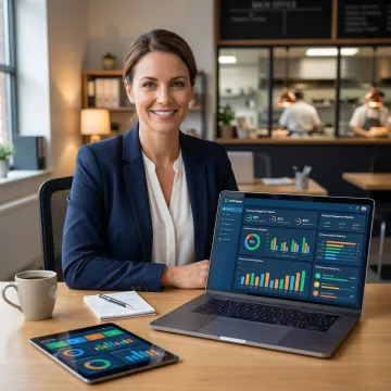 Restaurant manager reviewing employee engagement analytics on a digital workplace platform dashboard