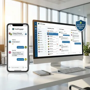 Secure enterprise chat interface showing encrypted group messaging on mobile and desktop