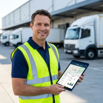 Logistics employee using mobile intranet app on a tablet near a delivery truck