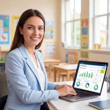 Child care administrator reviewing employee engagement dashboard on a laptop in a learning center office
