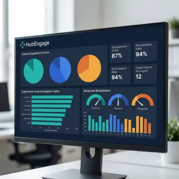 Engagement survey dashboard displaying real-time sentiment scores and participation metrics across departments