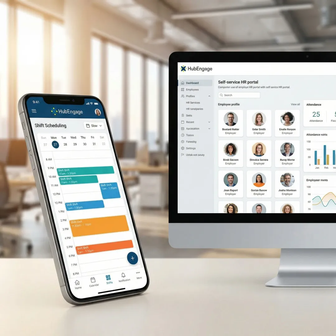 Step-by-step employee scheduling workflow shown on a mobile app and desktop portal
