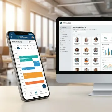 Step-by-step employee scheduling workflow shown on a mobile app and desktop portal