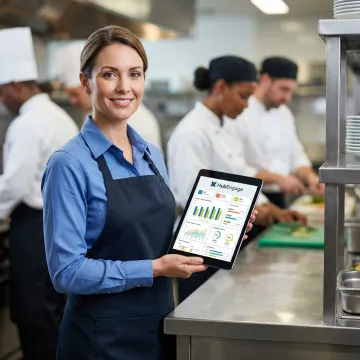 Restaurant manager reviewing team engagement metrics on a tablet in a commercial kitchen