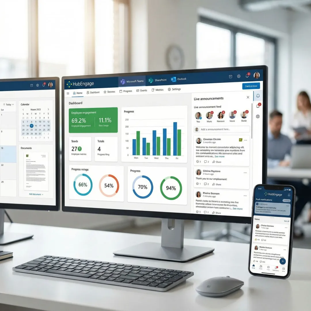 HubEngage internal communications platform integrated with Microsoft 365 dashboard on desktop and mobile