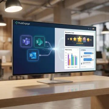 HubEngage platform layered over Microsoft 365 apps showing unified employee communications and engagement