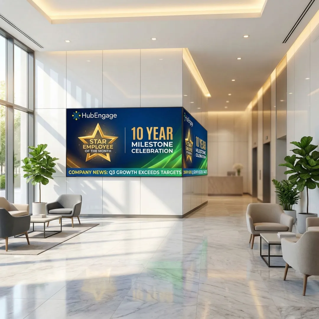 Digital signage display showing employee recognition and announcements in a modern office lobby