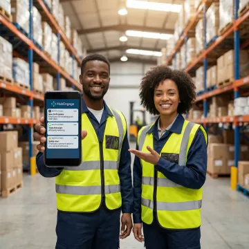 Logistics employees using a mobile communication app on smartphones in a warehouse environment