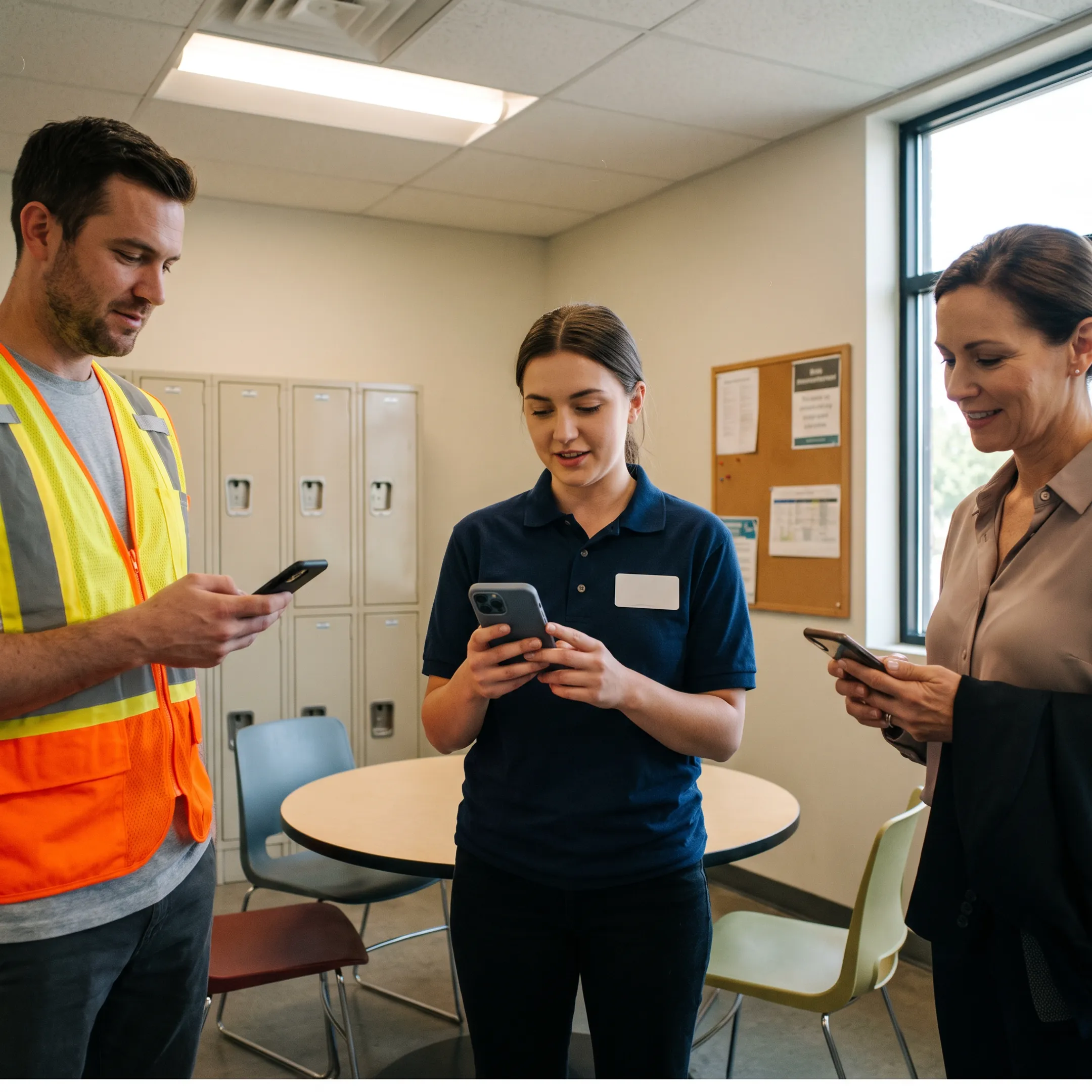 Employees using a mobile workforce communication app in varied workplace settings