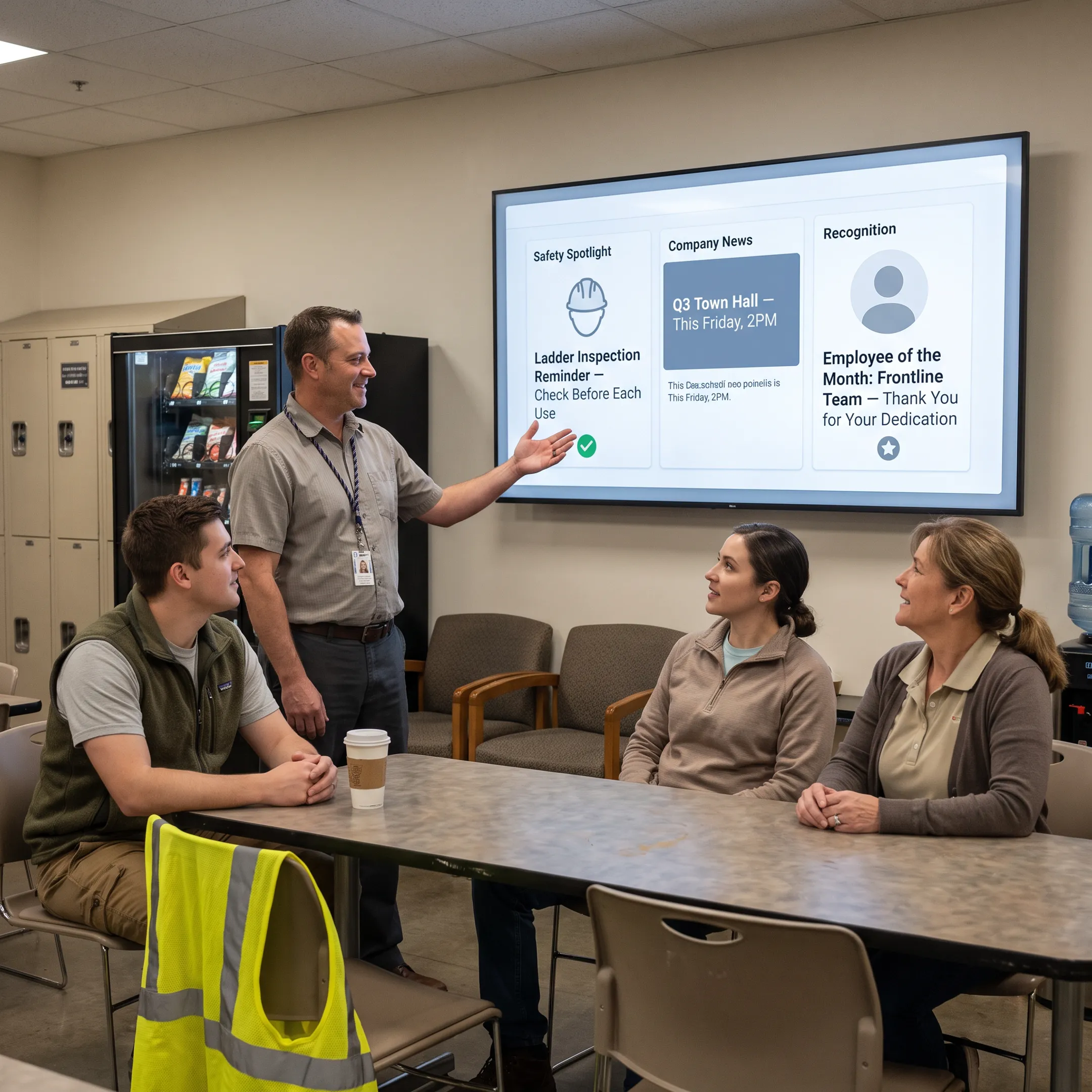 Employees viewing a workplace digital signage announcement