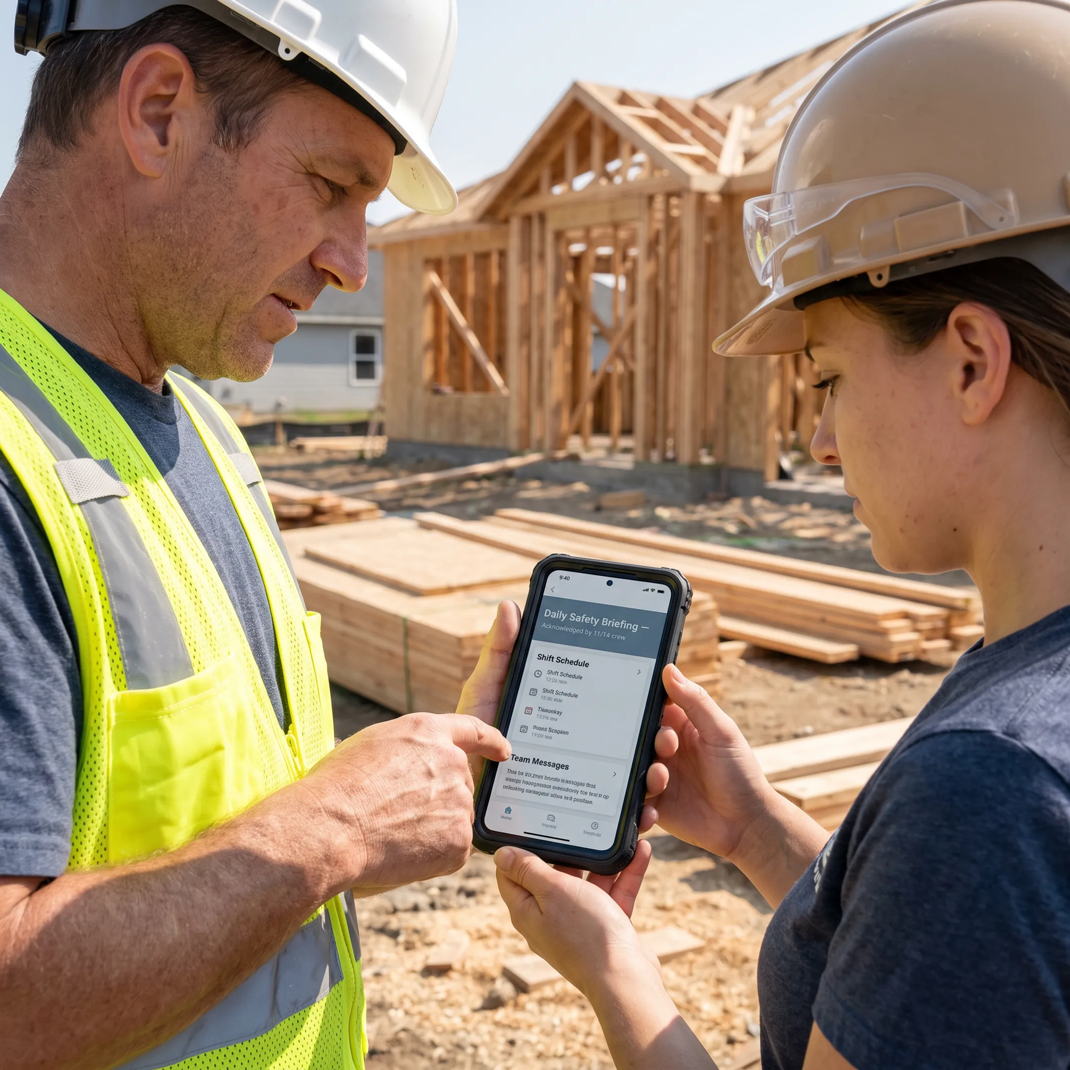 Residential construction team using mobile communication software on a job site