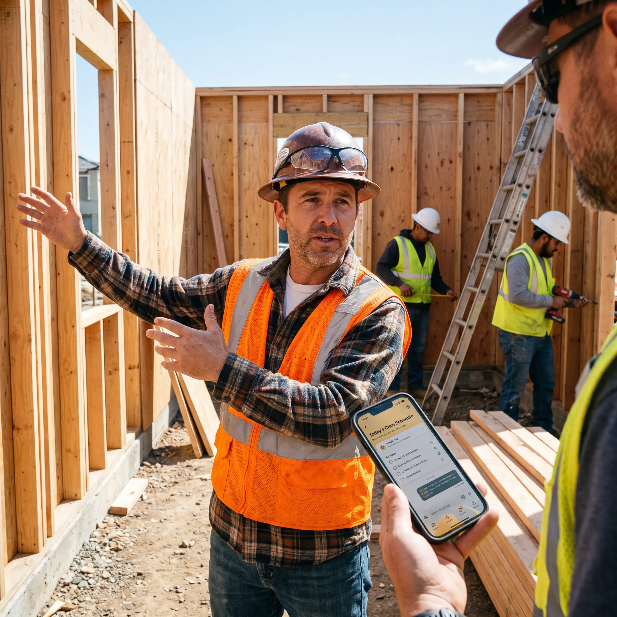 Builder reviewing construction team communication software with residential job site crew