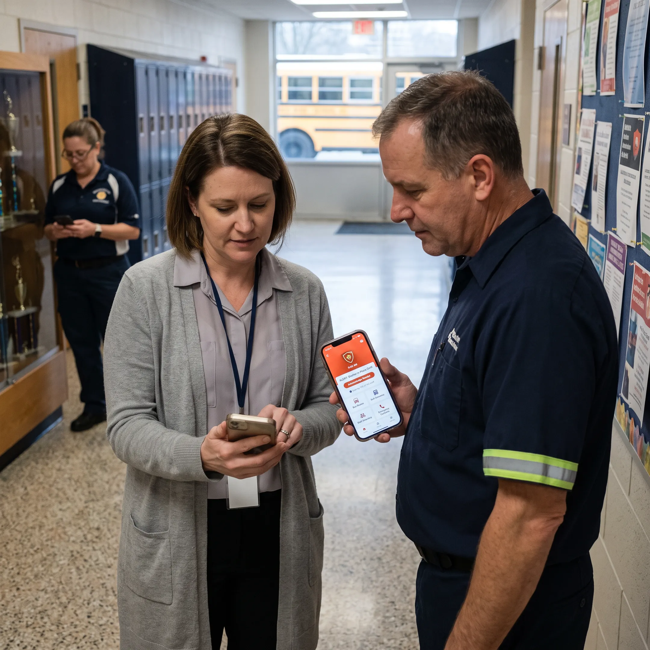School staff receiving coordinated emergency notifications on mobile devices