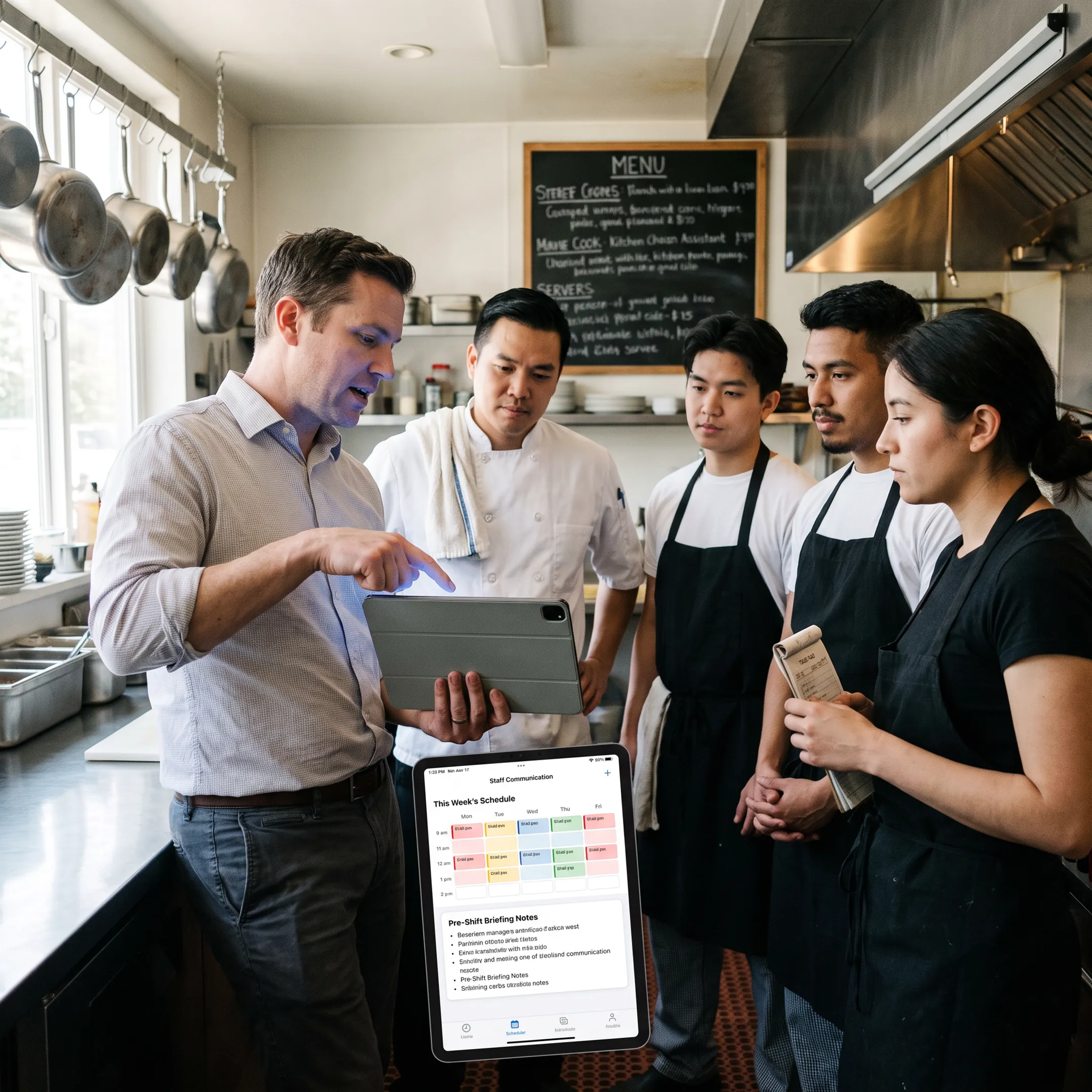 Restaurant manager reviewing staff scheduling app with hospitality team