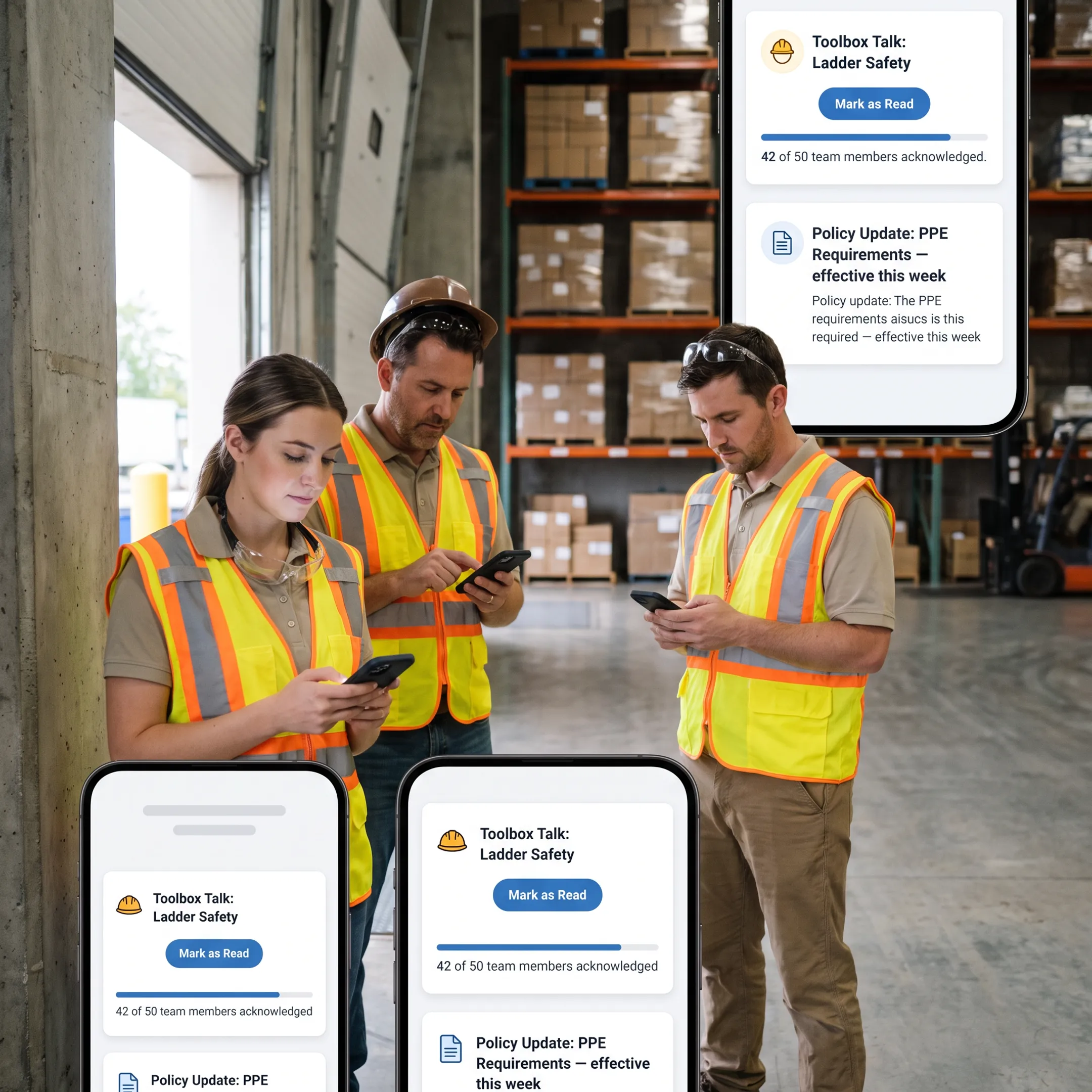 Frontline workers reviewing a digital safety meeting update on a mobile device
