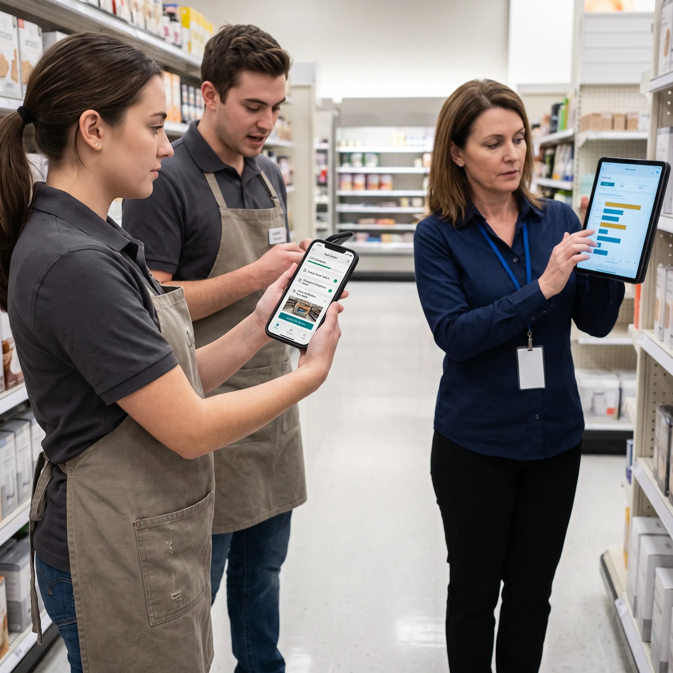 Retail associates completing store tasks with a mobile workforce platform