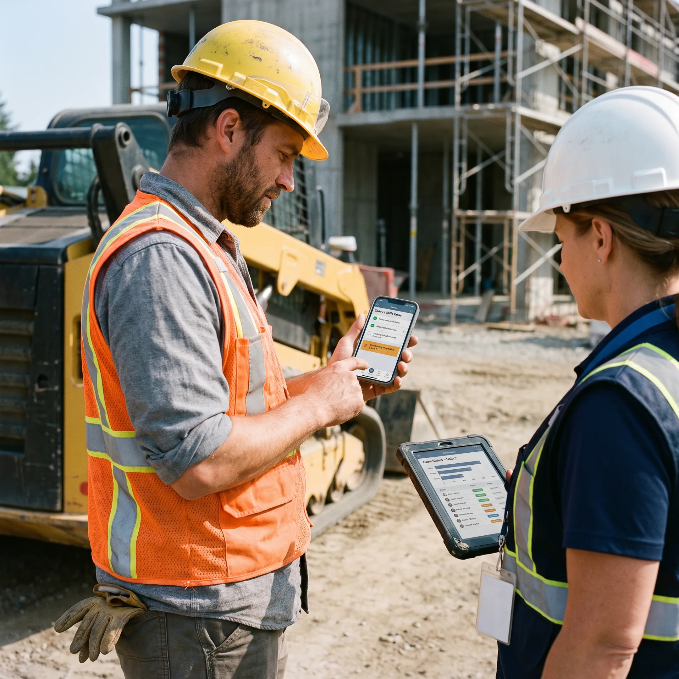 Field construction worker accessing workforce communication platform on a mobile device