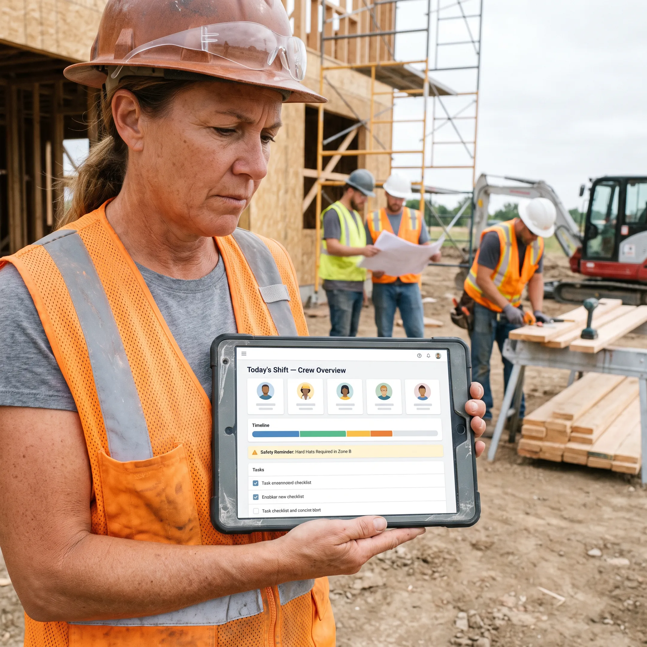 Construction supervisor using workforce software with field crew at an active job site