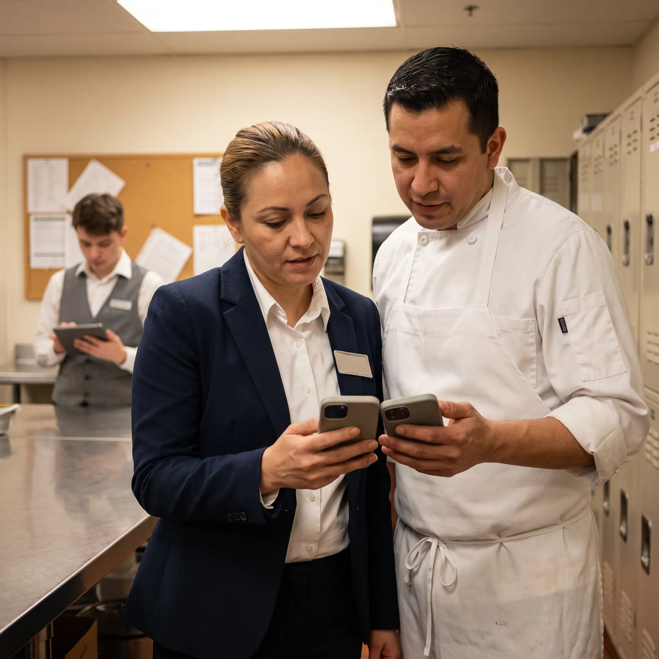 Hospitality staff receiving coordinated shift information on mobile devices