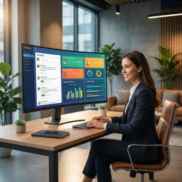 HR professional reviewing employee engagement analytics on a unified intranet dashboard
