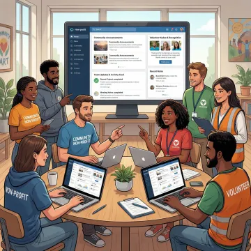 Non-profit team members collaborating on an intranet platform dashboard on desktop and mobile devices