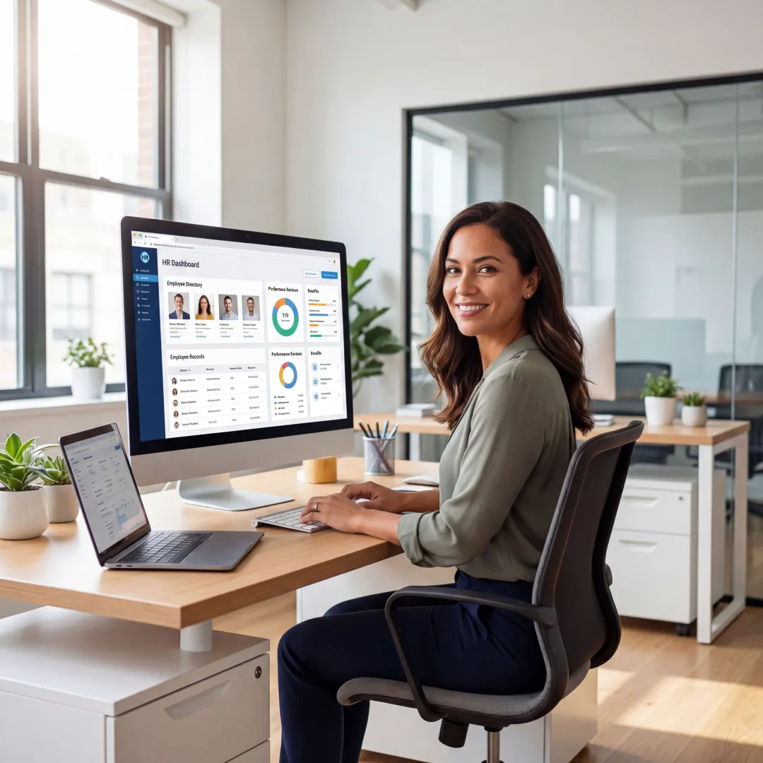 HR professional managing employee records on a digital platform dashboard for small business