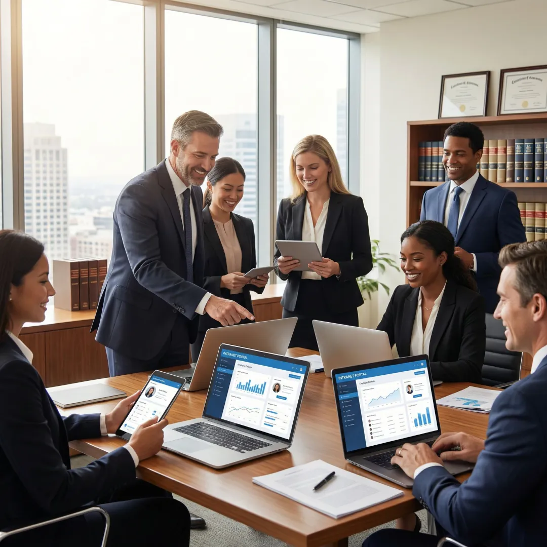 Law firm employees collaborating using an employee engagement software platform on their devices