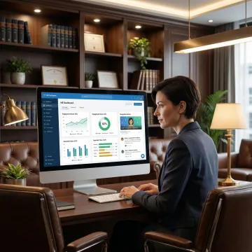 HR leader at a law firm reviewing employee engagement analytics on a dashboard