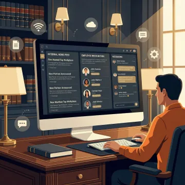 Law firm intranet dashboard showing communications, recognition, and messaging features